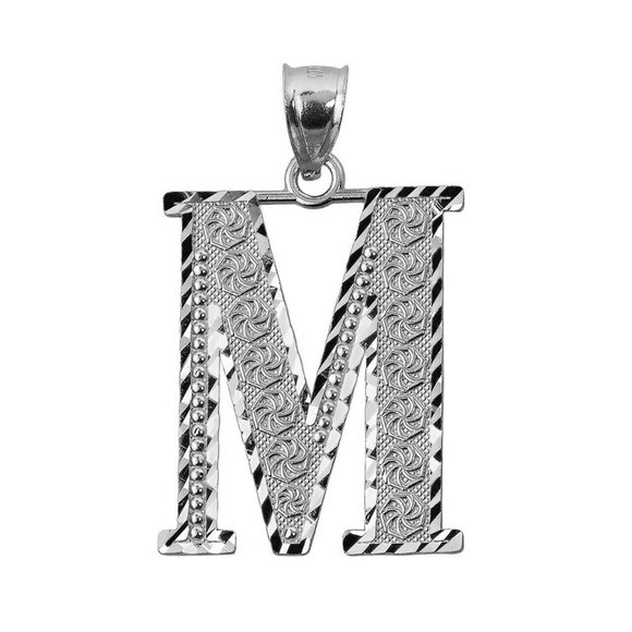 925 Sterling Silver Diamond Cut Large Initial Letter M Roman Pendant Necklace